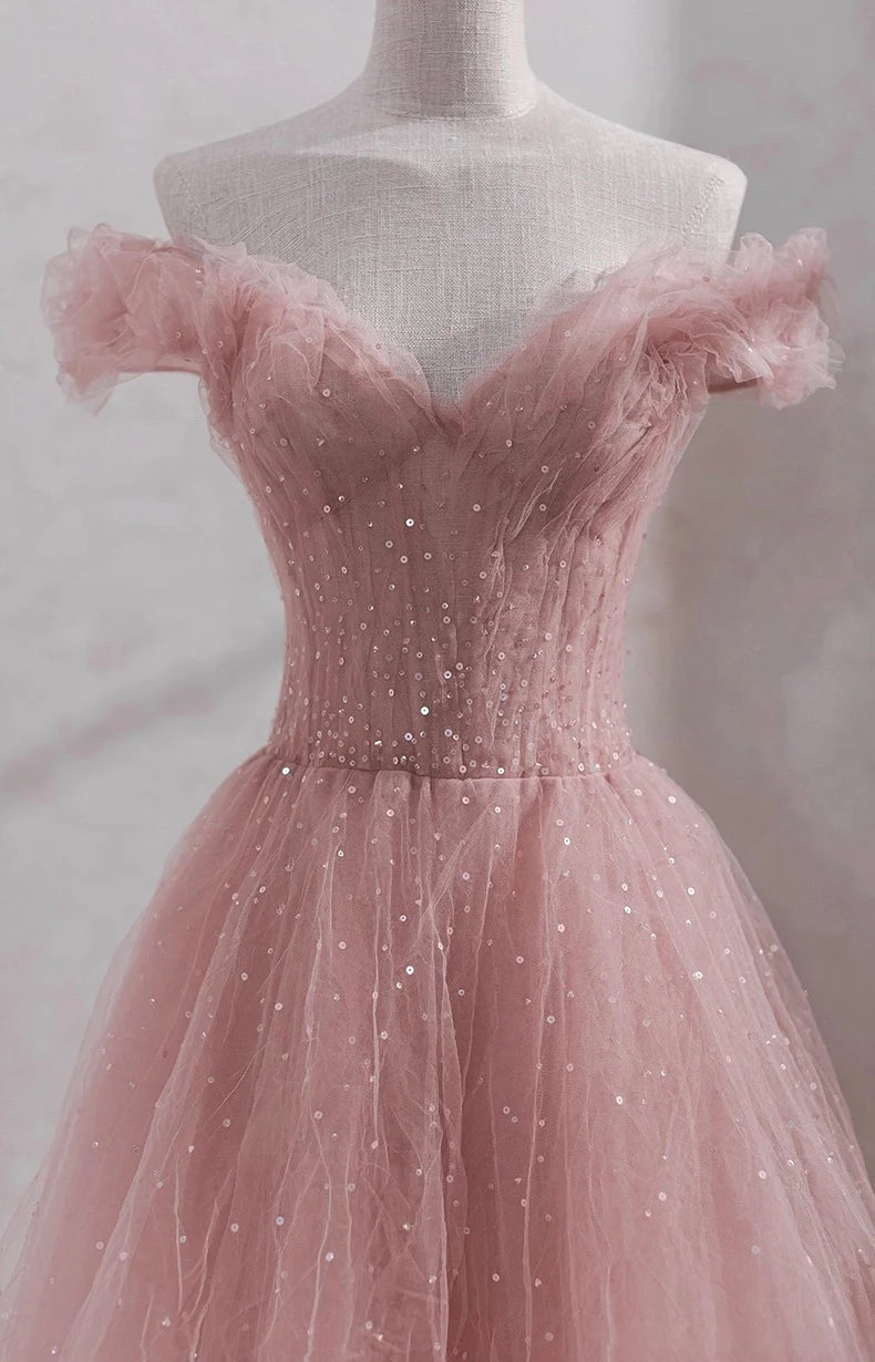 Shiny Off-the-Shoulder Pleated Tulle Pink Midi Prom Dress Custom