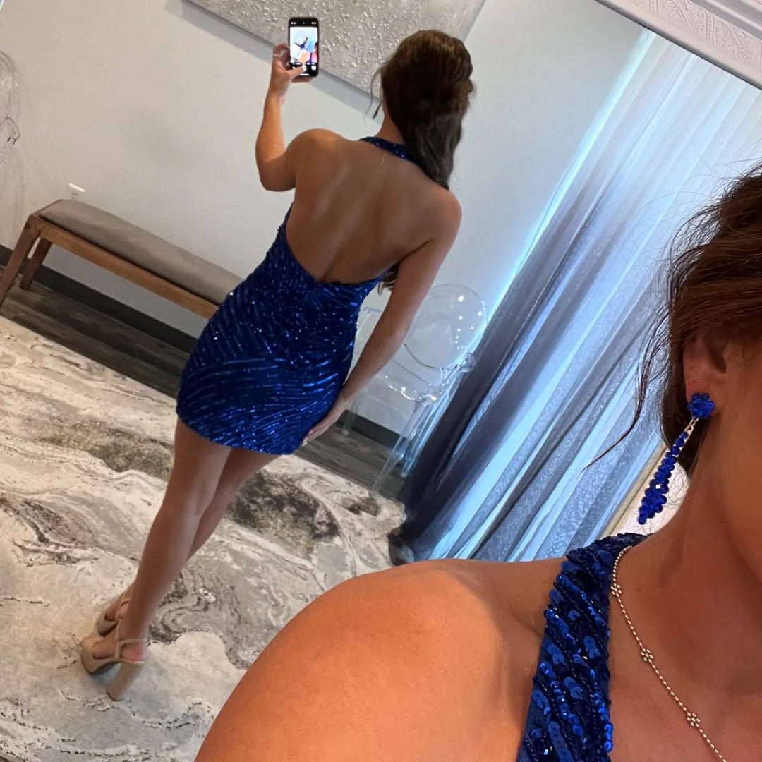 Shiny Sheath Halter V Neck Beaded Sequin Royal Blue Short Homecoming Dress