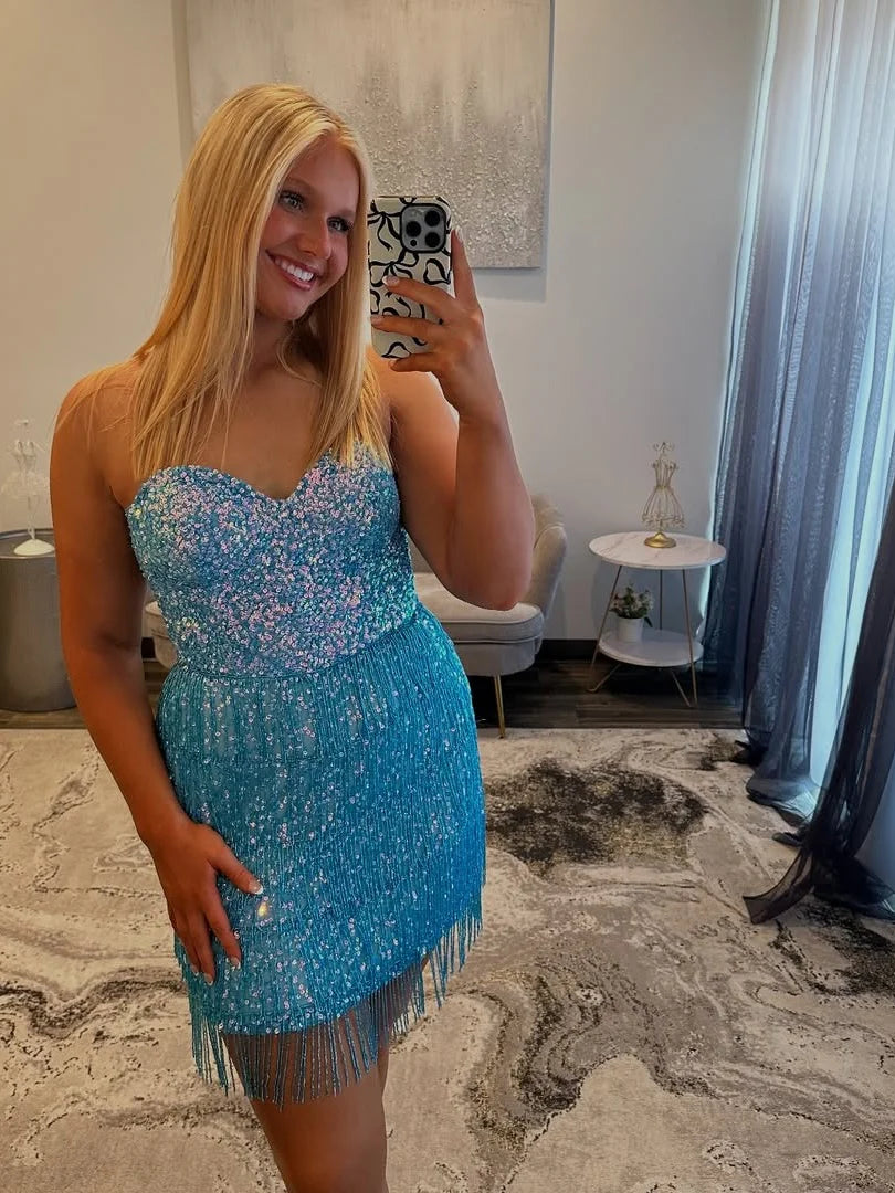 Shiny Sheath Sweetheart Sequin Blue Short Homecoming Dress With Tassel
