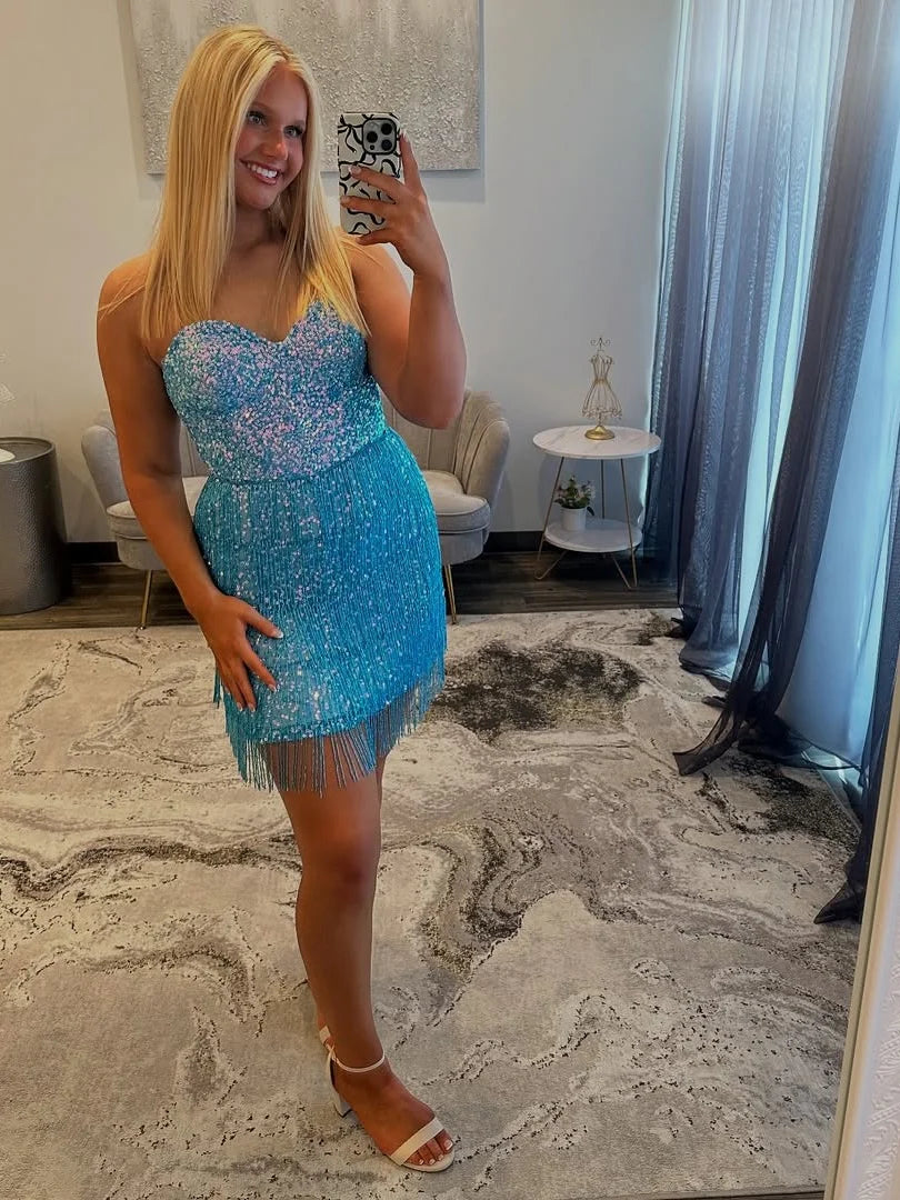 Shiny Sheath Sweetheart Sequin Blue Short Homecoming Dress With Tassel