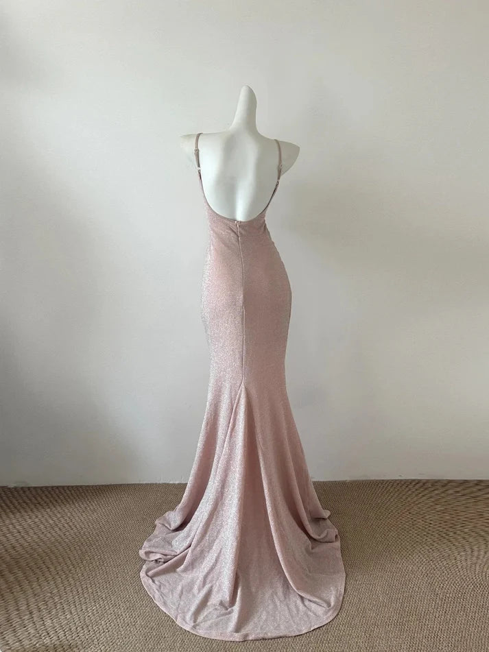 Shiny Spaghetti Straps Pleated Light Pink Long Prom Dress Party Dress