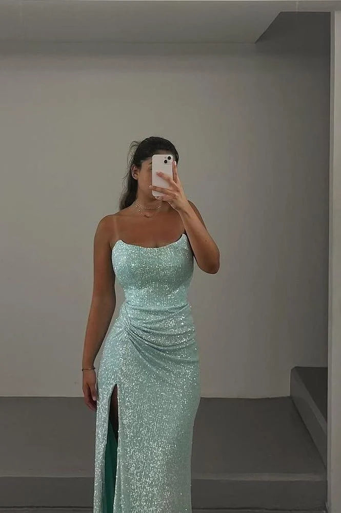 Shiny Strapless Pleated Sequin Mint Long Prom Dress With Split