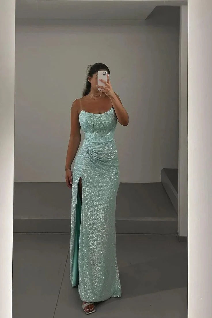 Shiny Strapless Pleated Sequin Mint Long Prom Dress With Split