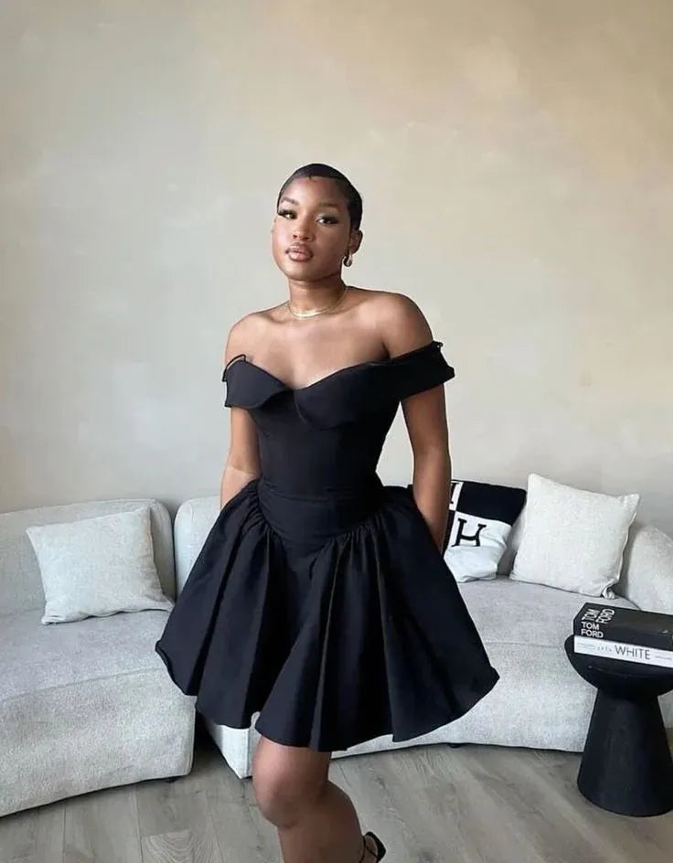 Simple A-Line Off Shoulder Sleeveless Solid Color Satin Short Mini Homecoming Dress