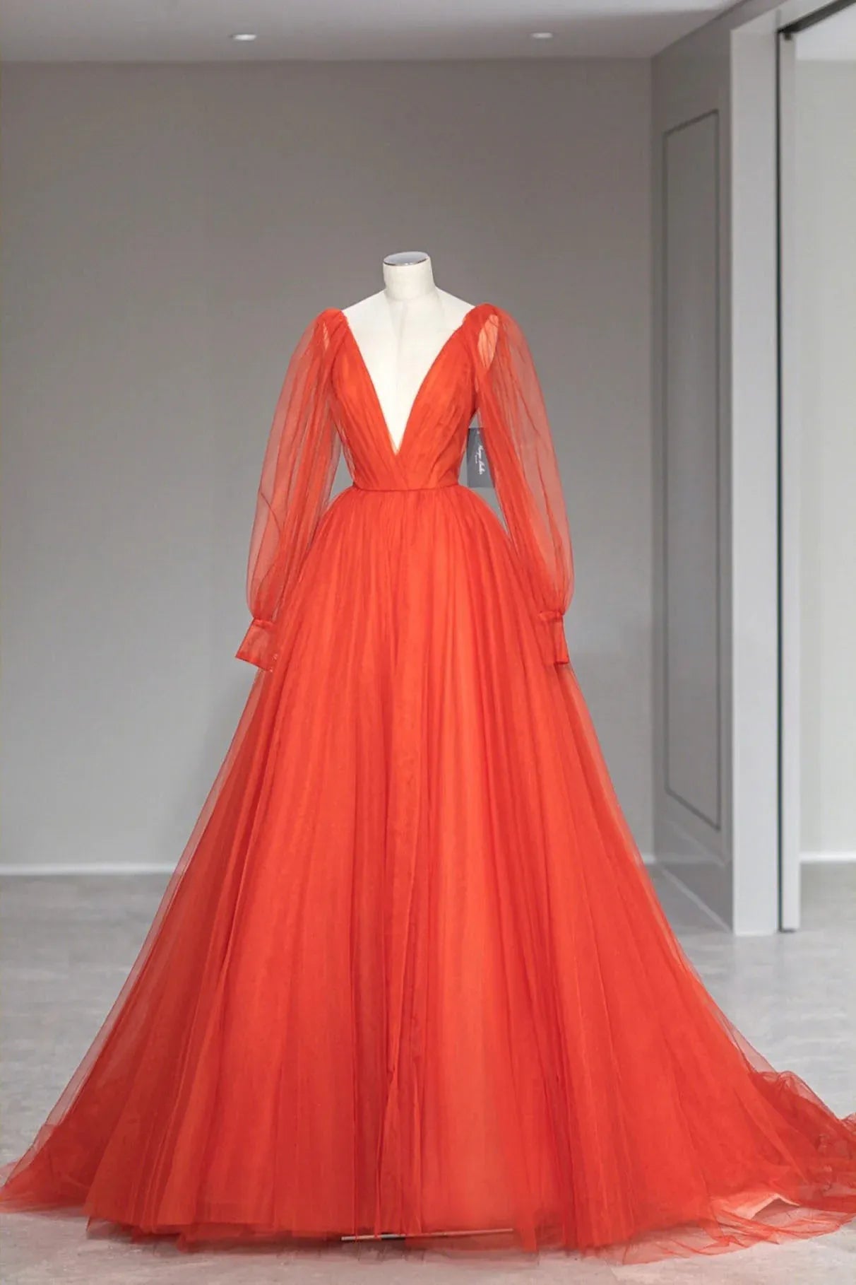 Simple A-Line Plunging V-Neck Long Sleeves V Back Sweep/Brush Train Prom Dress