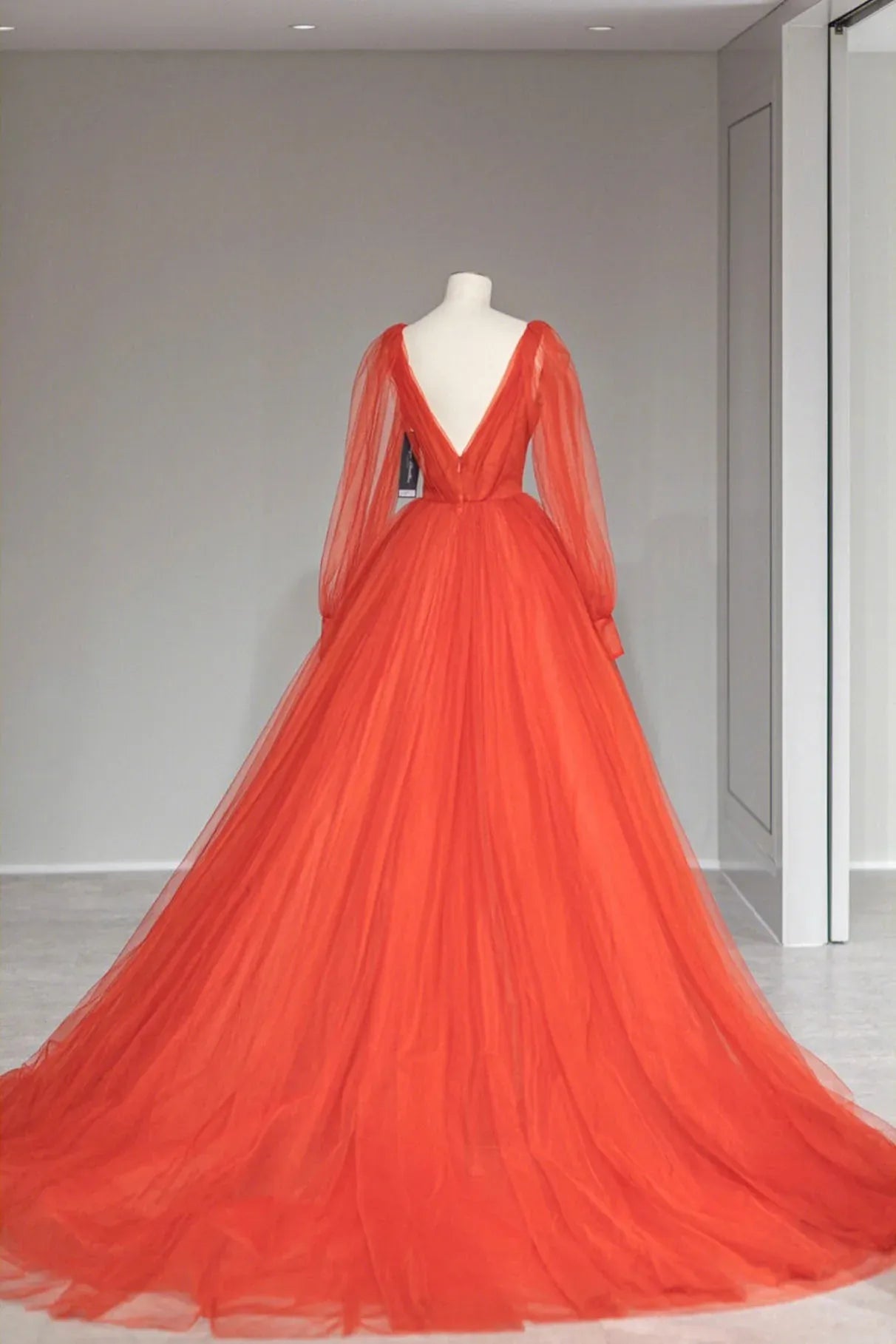 Simple A-Line Plunging V-Neck Long Sleeves V Back Sweep/Brush Train Prom Dress