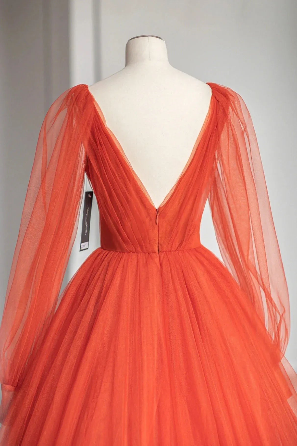Simple A-Line Plunging V-Neck Long Sleeves V Back Sweep/Brush Train Prom Dress