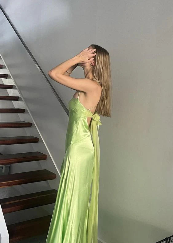 Simple A-Line Spaghetti Strap Side Split Green Long Prom Dress Evening Dress