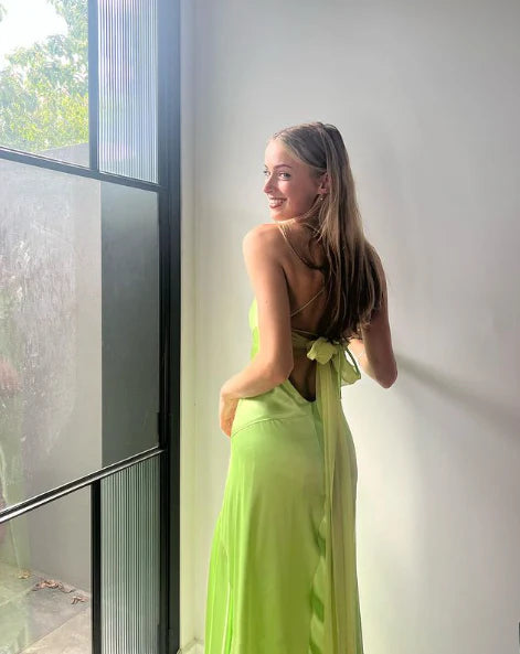 Simple A-Line Spaghetti Strap Side Split Green Long Prom Dress Evening Dress
