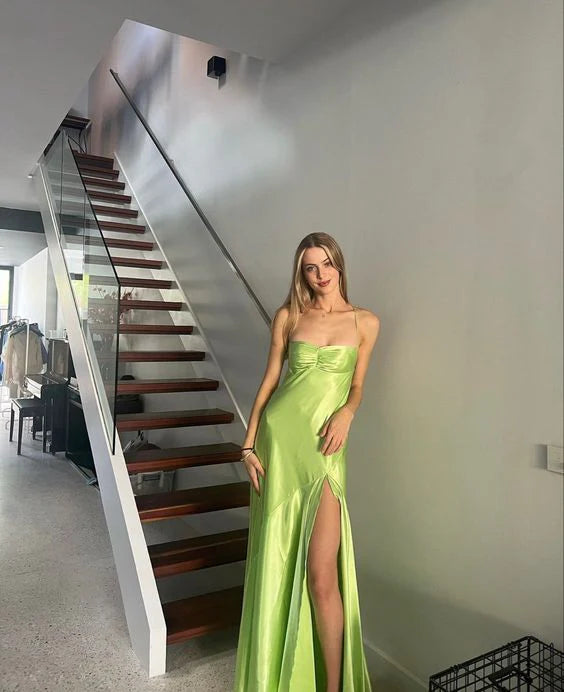 Simple A-Line Spaghetti Strap Side Split Green Long Prom Dress Evening Dress