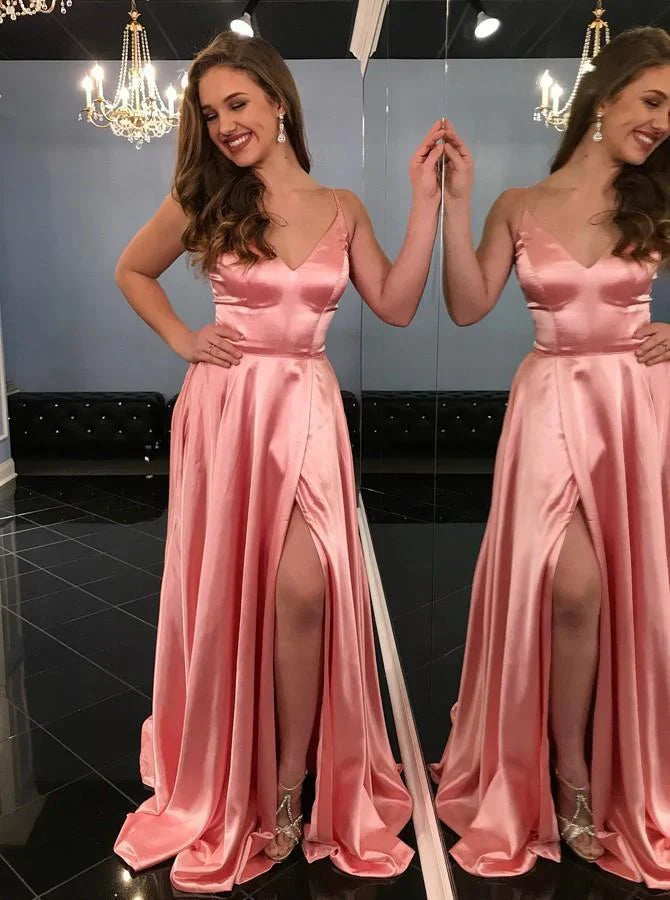 Simple A-Line Spaghetti Straps Sleeveless Zipper Up Sweep/Brush Train Prom Dress