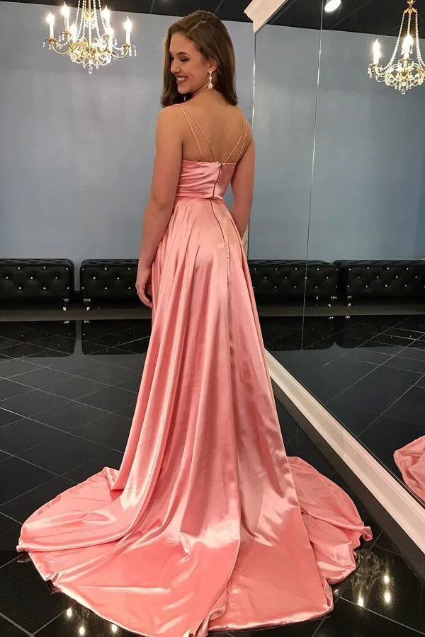 Simple A-Line Spaghetti Straps Sleeveless Zipper Up Sweep/Brush Train Prom Dress