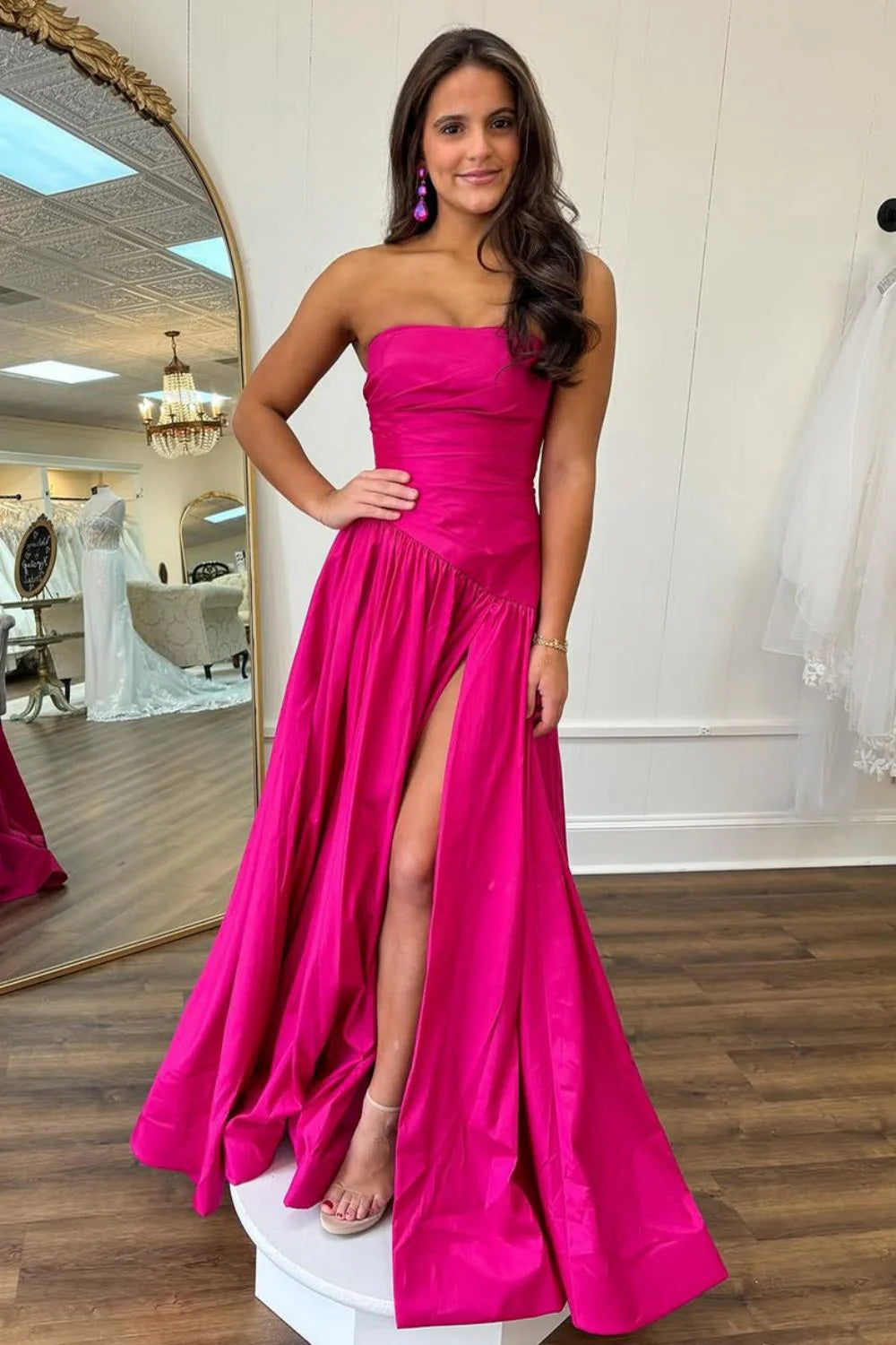 Simple A-Line Strapless Satin Hot Pink Prom Long Dress With Slit