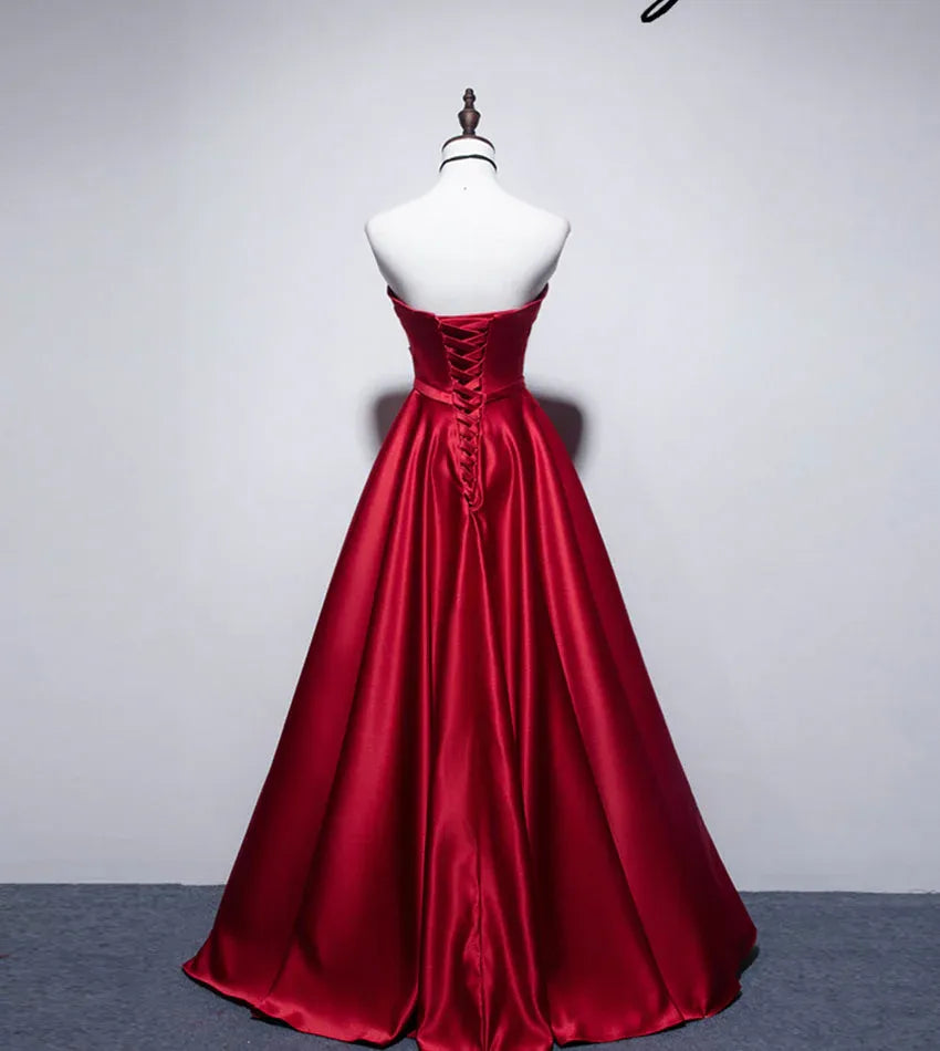Simple A-Line Sweetheart Sleeveless Satin Sweep/Brush Train Prom Dress