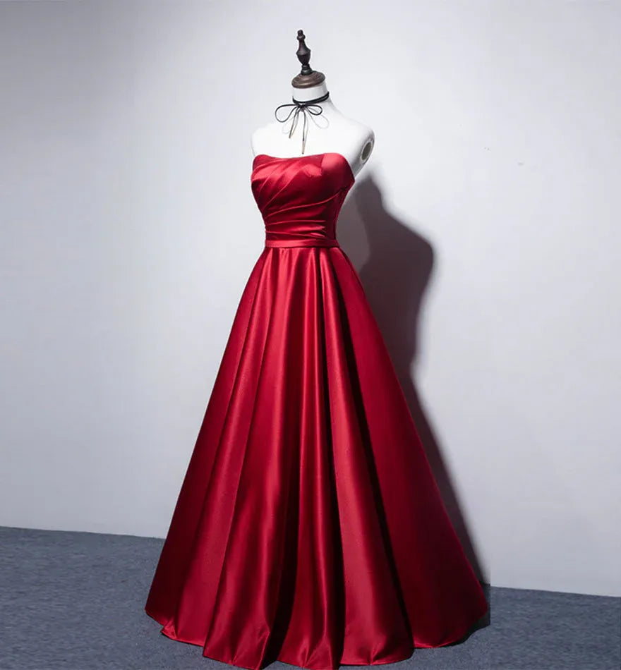 Simple A-Line Sweetheart Sleeveless Satin Sweep/Brush Train Prom Dress
