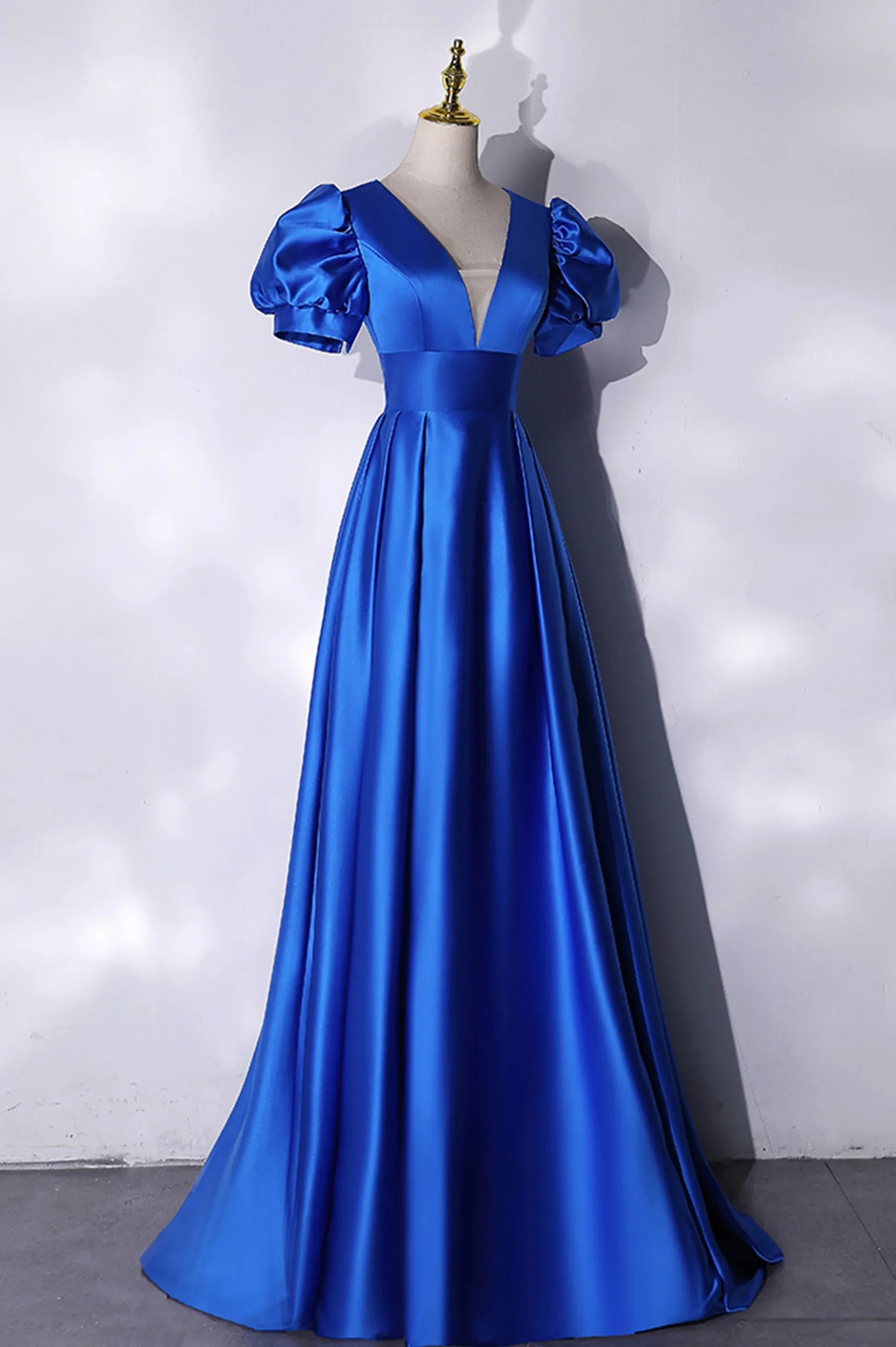 Simple A-Line V Neck Puff Sleeve Lace Up Floor-Length Prom Dress