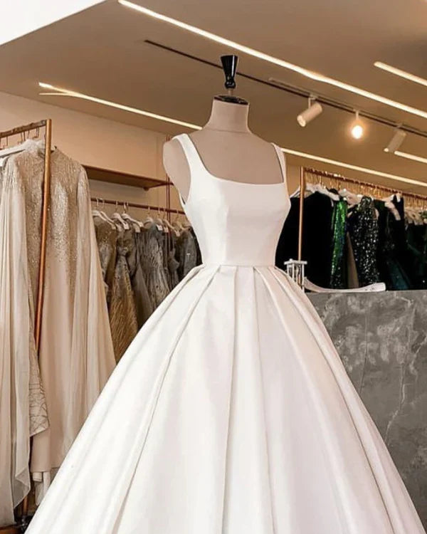 Simple A-line Square Neck Satin White Prom Dress Wedding Dress For Women