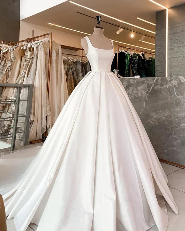 Simple A-line Square Neck Satin White Prom Dress Wedding Dress For Women
