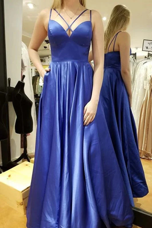 Simple A-line Satin Blue Long Prom Dress Evening Dress With Pockets