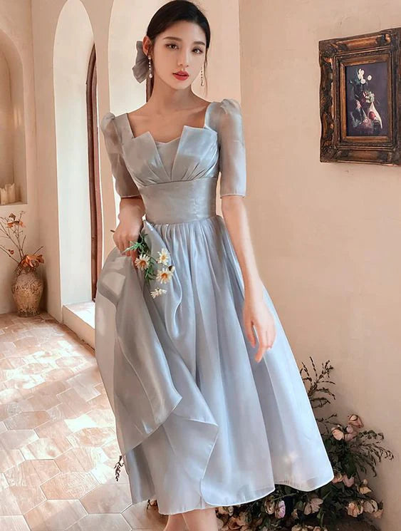 Simple A-line Short Sleeve Pleated Chiffon Gray Midi Bridesmaid Evening