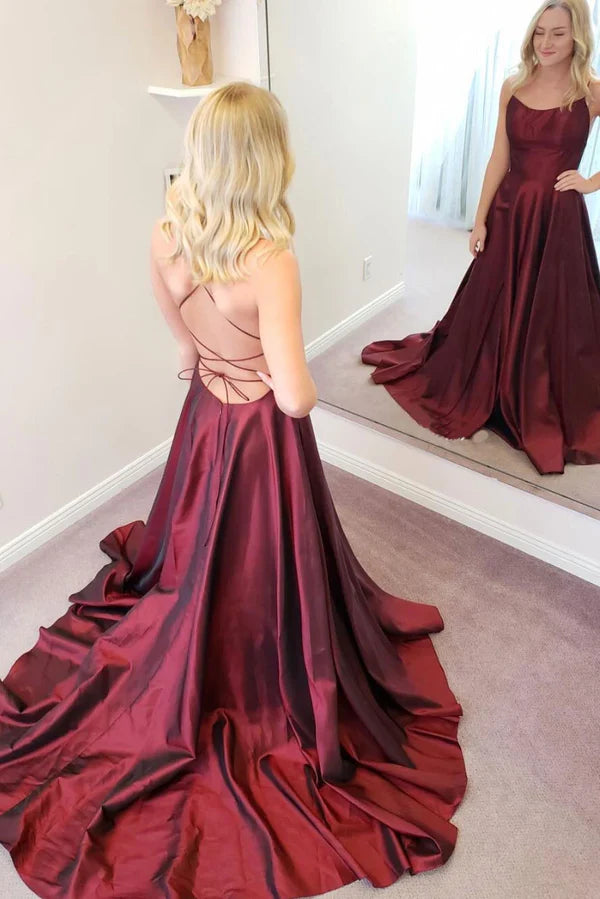 Simple A-line Spaghetti Straps Satin Burgundy Floor Length Prom Dress