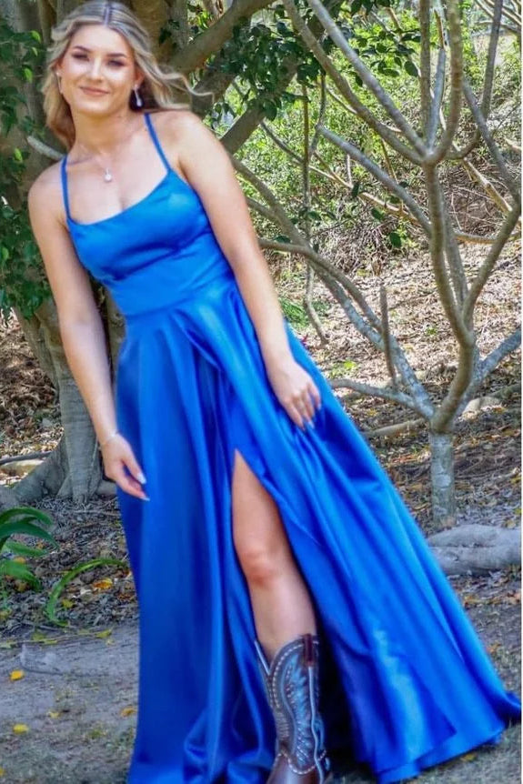 Simple A-line Spaghetti Straps Satin Royal Blue Floor Length Prom Dress