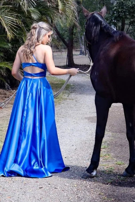 Simple A-line Spaghetti Straps Satin Royal Blue Floor Length Prom Dress