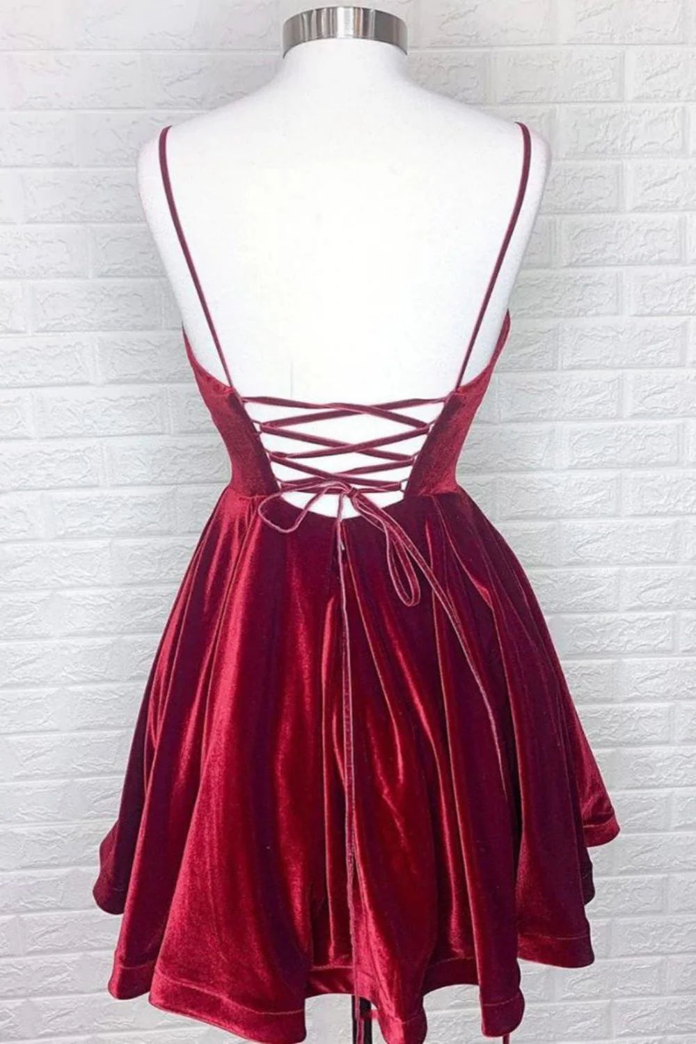 Simple A-line Spaghetti Straps Velvet Burgundy Homecoming Dress For Ladies