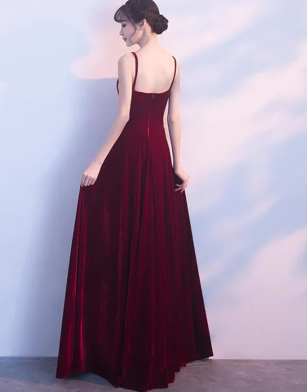 Simple A-line Spaghetti Straps Velvet Wine Floor Length Bridesmaid Dress