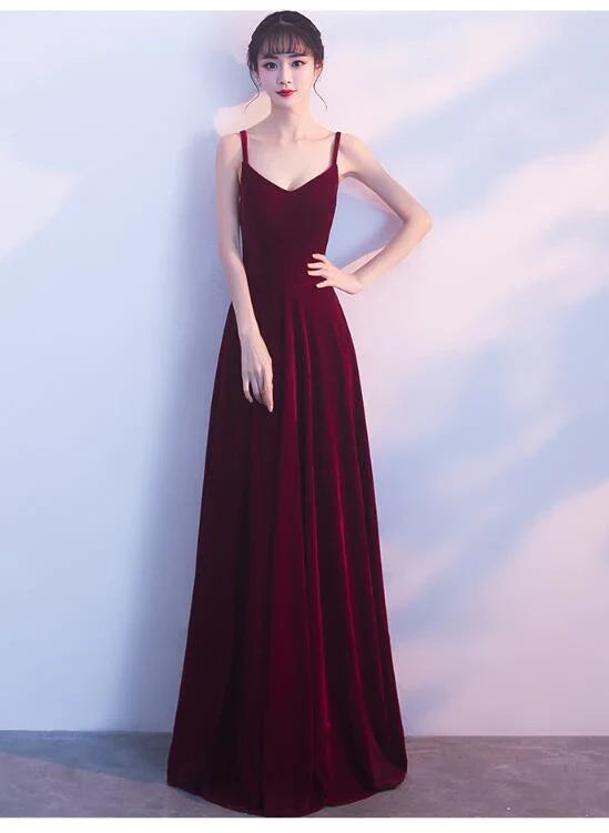 Simple A-line Spaghetti Straps Velvet Wine Floor Length Bridesmaid Dress