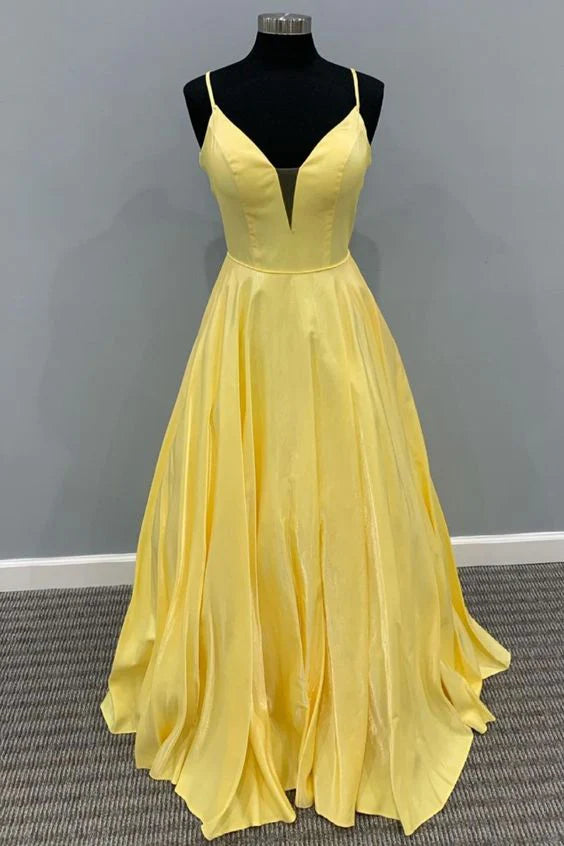 Simple A-line Spaghetti Straps Yellow Long Prom Dress Evening Dress