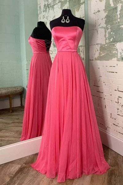 Simple A-line Strapless Lace-Up Watermelon Red Long Prom Dress