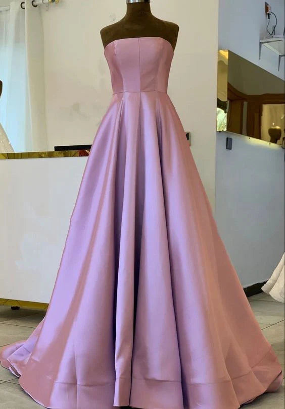 Simple A-line Strapless Satin Mauve Pink Floor Length Formal Prom Dress