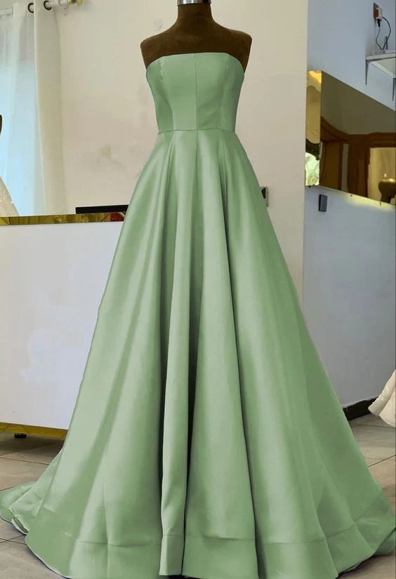 Simple A-line Strapless Satin Sage Green Floor Length Formal Prom Dress