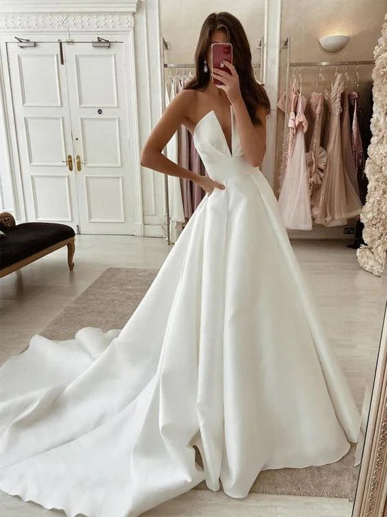 Simple A-line Strapless Satin White Prom Dress Wedding Dress With Train