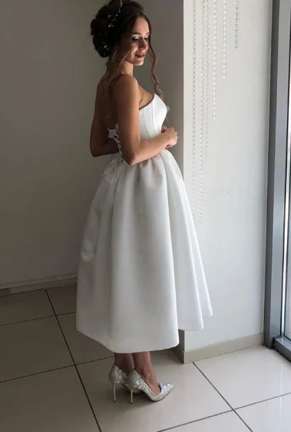 Simple A-line Sweetheart Lace Up Satin White Tea-Length Bridesmaid Dress
