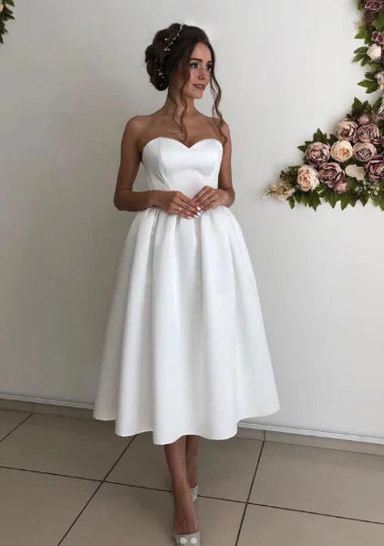 Simple A-line Sweetheart Lace Up Satin White Tea-Length Bridesmaid Dress