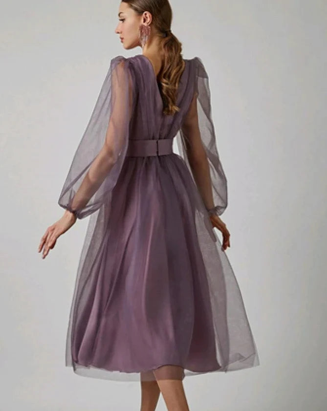 Simple A-line V Neck Long Sleeves Tulle Purple Midi Prom Dress Evening Dress