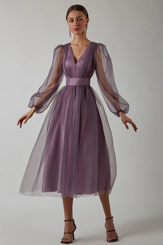 Simple A-line V Neck Long Sleeves Tulle Purple Midi Prom Dress Evening Dress