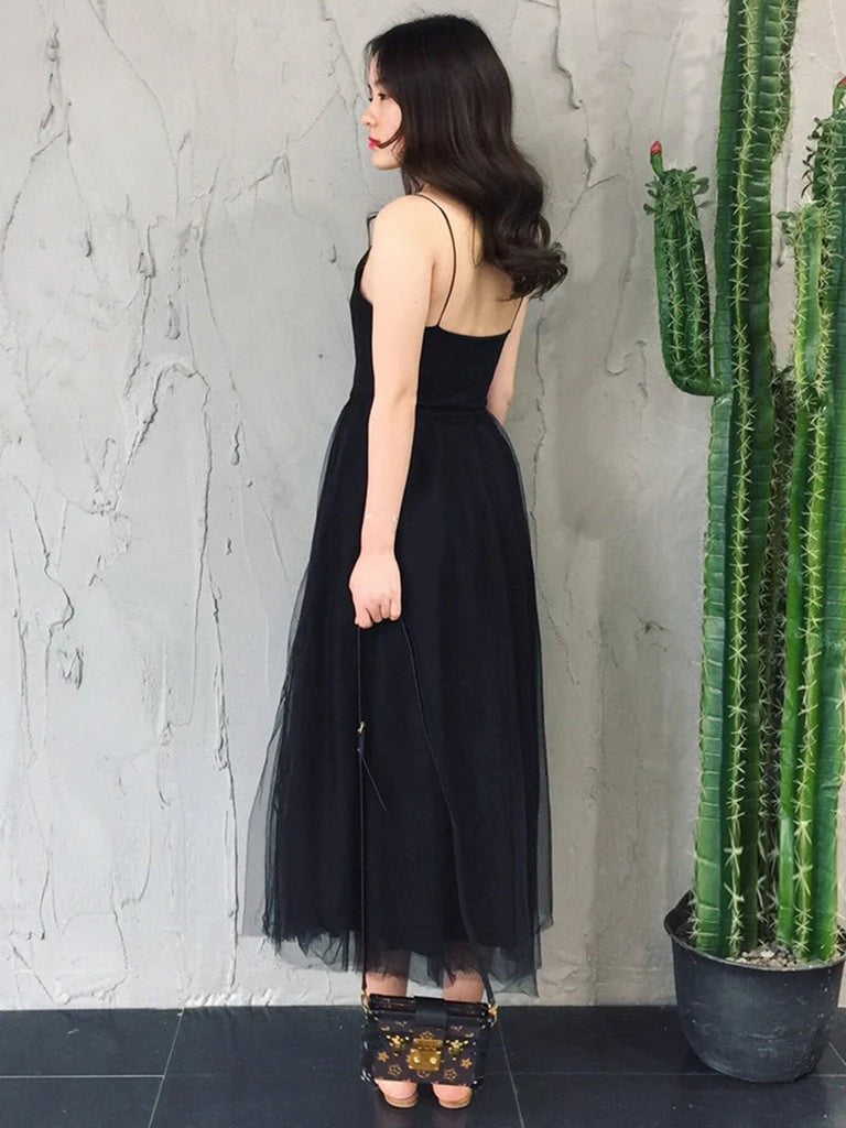 Simple A-line V Neck Open Back Tulle Black Tea Length Prom Dress