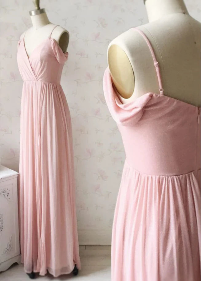 Simple A-line V Neck Spaghetti Straps Pleated Pink Long Bridesmaid Dress