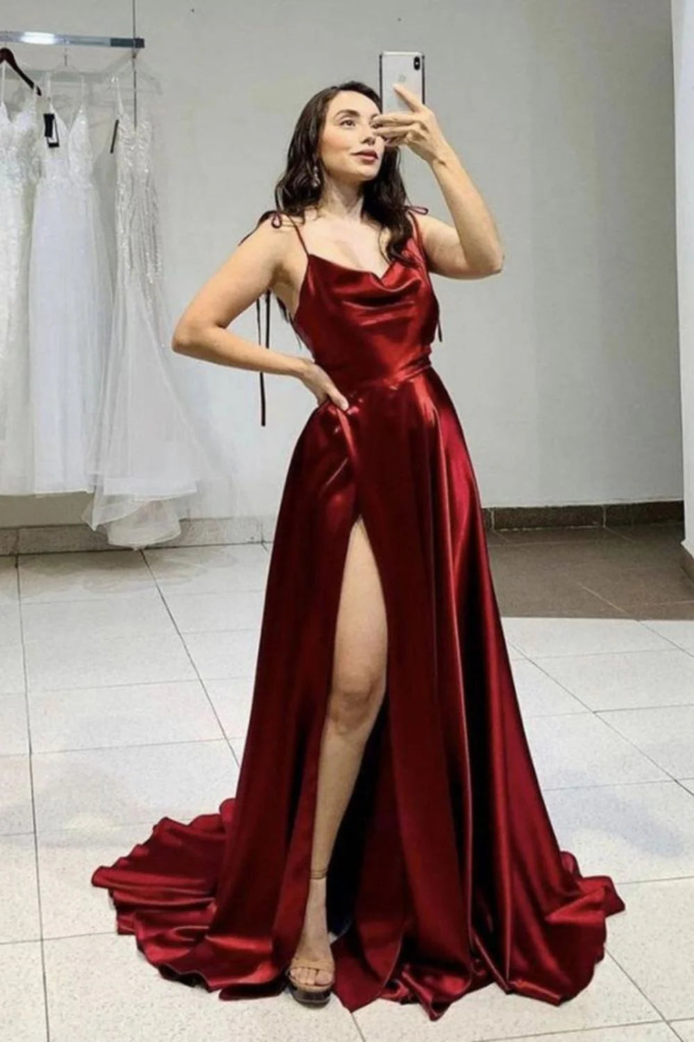 Simple A Line Cowl Neck Tie Straps Burgundy Floor Length Prom Dress