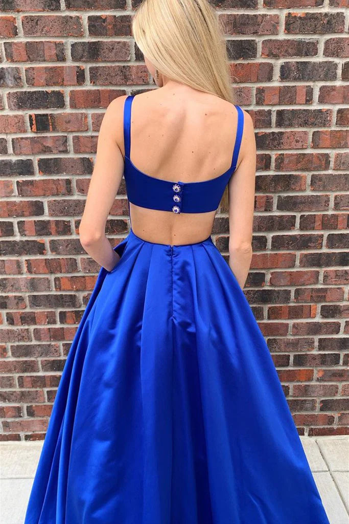 Simple A Line Open Back Satin Royal Blue Long Prom Dress With Pocket