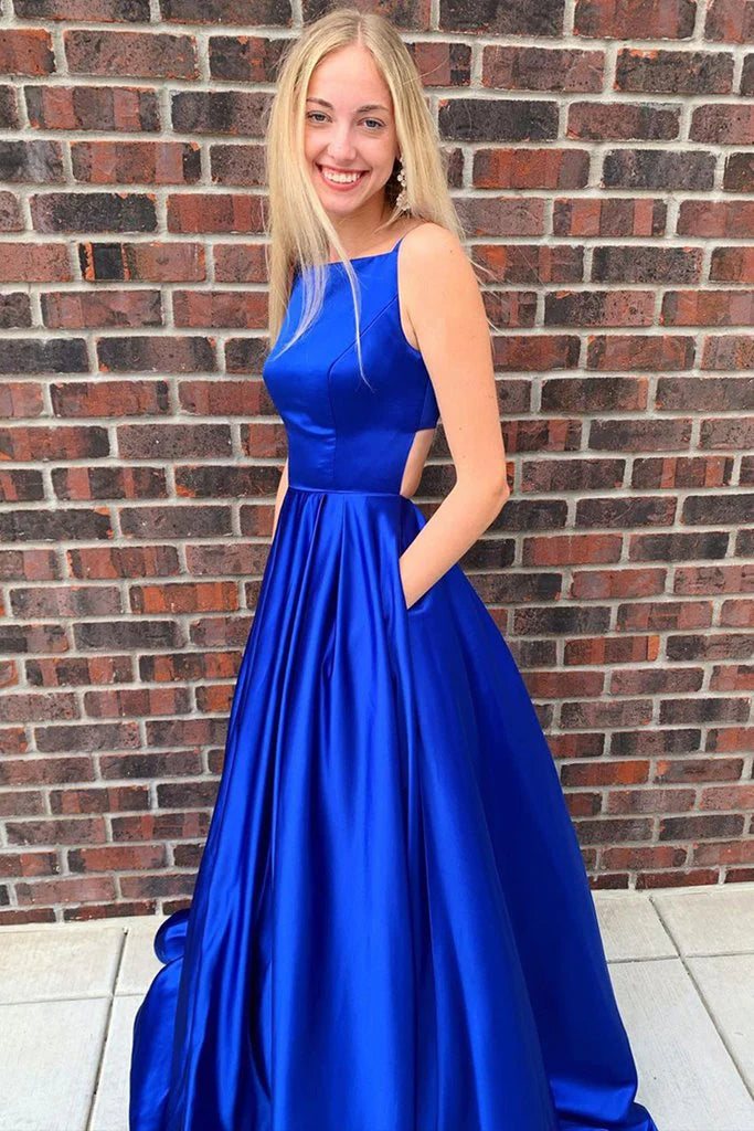 Simple A Line Open Back Satin Royal Blue Long Prom Dress With Pocket
