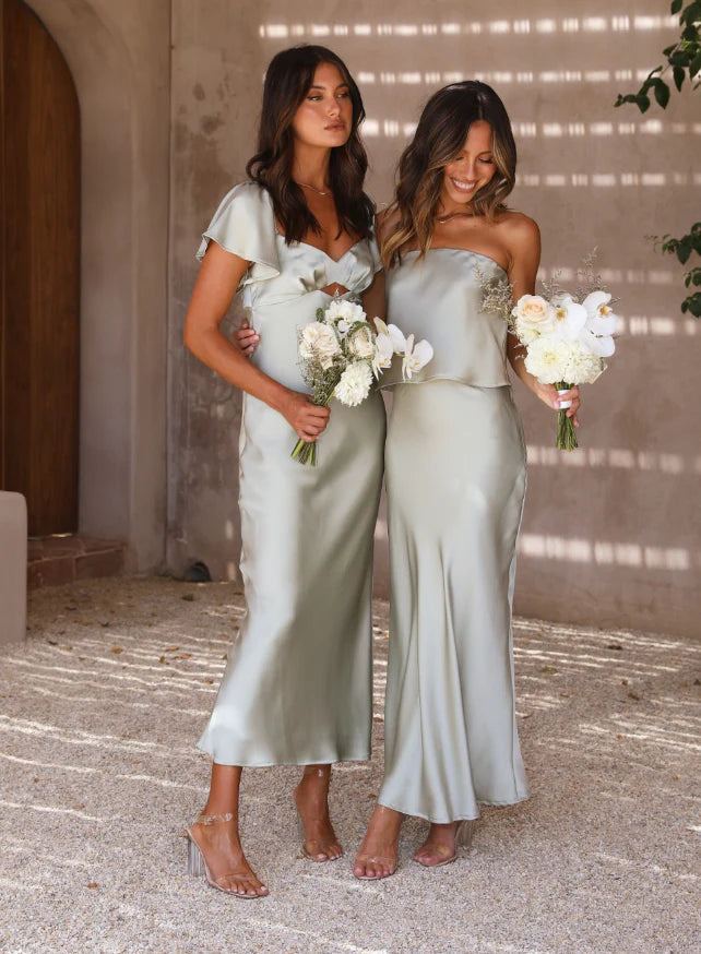 Simple A Line Satin Sage Green Long Bridesmaid Dress Hot Sale
