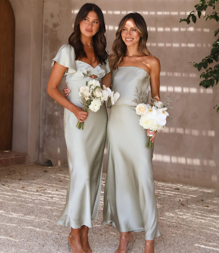 Simple A Line Satin Sage Green Long Bridesmaid Dress Hot Sale