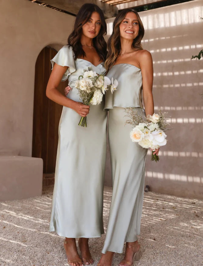 Simple A Line Satin Sage Green Long Bridesmaid Dress Hot Sale