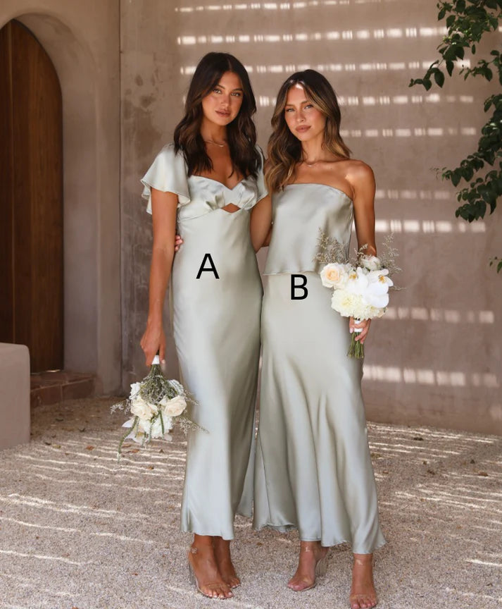 Simple A Line Satin Sage Green Long Bridesmaid Dress Hot Sale