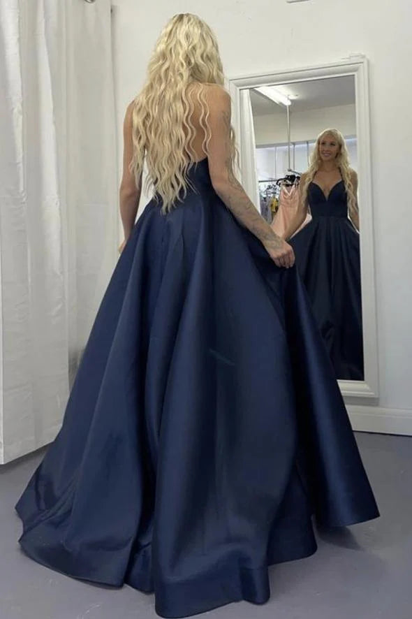 Simple A Line Spaghetti Straps Satin Blue Long Prom Dress Evening Dress