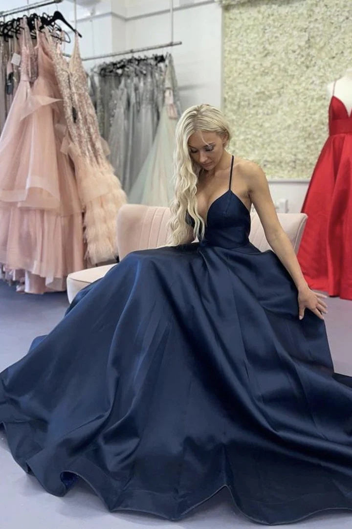 Simple A Line Spaghetti Straps Satin Blue Long Prom Dress Evening Dress